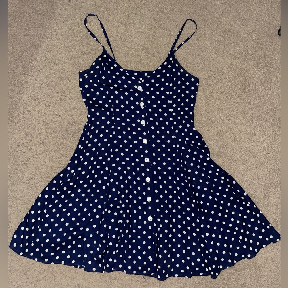 90s vintage Moda Intl navy blue polkadot a line dress, size 8
